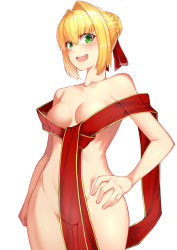Rule 34 | 10s, 1girl, blonde hair, blush, braid, breasts, collarbone, fate/extra, fate/grand order, fate (series), french braid, green eyes, hair ribbon, medium breasts, mikan (chipstar182), nero claudius (fate), nero claudius (fate) (all), nero claudius (fate/extra), nude, official alternate costume, open mouth, red ribbon, ribbon, see-through, shiny skin, simple background, standing, white background