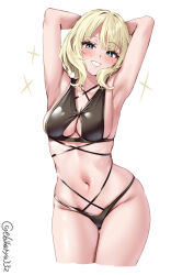 Rule 34 | 1girl, armpits, arms behind head, arms up, bikini, black bikini, blonde hair, blue eyes, blush, breasts, colorado (kancolle), cropped legs, ebifurya, gluteal fold, grin, hair between eyes, highres, kantai collection, looking at viewer, medium breasts, medium hair, navel, one-hour drawing challenge, sidelocks, simple background, smile, solo, sparkle, swimsuit, thigh gap, thighs, twitter username, white background