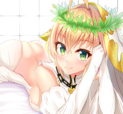 Rule 34 | 1girl, ahoge, ass, bare back, bare shoulders, blonde hair, blush, bodysuit, breasts, chain, commentary request, fate (series), gloves, hair intakes, head wreath, highres, indoors, large breasts, lock, long hair, looking at viewer, lying, nekoda (maoda), nero claudius (bride) (fate), nero claudius (bride) (third ascension) (fate), nero claudius (fate), nero claudius (fate) (all), on stomach, padlock, shiny skin, skindentation, smile, solo, veil, white bodysuit, white gloves