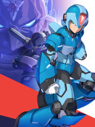 Rule 34 | 3boys, android, arm cannon, armor, armored boots, bald, black bodysuit, blue armor, blue footwear, bodysuit, boots, clenched hand, closed mouth, commentary, crossed arms, evil grin, evil smile, gloves, green eyes, grin, helm, helmet, highres, looking at viewer, looking to the side, male focus, mega man (series), mega man x (series), multiple boys, no pupils, power armor, ringed eyes, serious, shoulder cannon, sigma (mega man), smile, standing, vambraces, vile (mega man), weapon, white gloves, x (mega man), zelitto