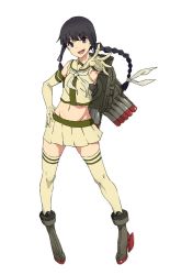 Rule 34 | 1girl, adapted costume, akitetsu, bad id, bad twitter id, black hair, blunt bangs, braid, cosplay, elbow gloves, gloves, hand on own hip, highres, kantai collection, kitakami (kancolle), long hair, midriff, navel, outstretched hand, pleated skirt, school uniform, serafuku, shimakaze (kancolle), shimakaze (kancolle) (cosplay), single braid, skirt, solo, thighhighs, white background