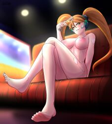 Rule 34 | 1girl, android, blush, breasts, brown hair, feet, highres, large breasts, mega man (classic), mega man (series), nipples, nude, quake woman, robarts hallway, robot, thighs, toes, twintails