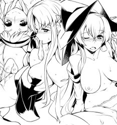Rule 34 | 3girls, blush, breasts, cierra (riviera), clothing aside, disembodied penis, fia (riviera), greyscale, grinding, hat, large breasts, lineart, lyuri (riviera), monochrome, multiple girls, nipples, original, panties, panties aside, penis, riviera, ryuuta (msxtr), topless, uncensored, underwear, witch hat