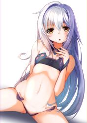 Rule 34 | 1girl, :o, bare arms, bare shoulders, blush, brown eyes, commentary request, copyright request, demimushi, hair between eyes, hand up, highres, long hair, looking at viewer, navel, parted lips, revealing clothes, shadow, silver hair, single hair intake, sitting, skindentation, solo, spread legs, very long hair, white background