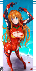 Rule 34 | 1girl, absurdres, arms up, artist request, blue eyes, blush, bodysuit, breasts, brown hair, cleavage, embarrassed, evangelion: 3.0+1.0 thrice upon a time, full body, hair between eyes, hair down, hanging breasts, highres, light smile, lips, long hair, looking at viewer, medium breasts, neon genesis evangelion, no headgear, perspective, pilot suit, plugsuit, rebuild of evangelion, red bodysuit, solo, souryuu asuka langley, standing, thighs, torn bodysuit, torn clothes, very long hair, wide hips