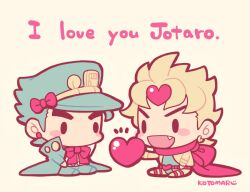 Rule 34 | 2boys, blonde hair, blue coat, blue hair, blue headwear, blush stickers, bow, chibi, chibi only, coat, dio brando, earrings, english text, fang, full body, heart, holding, holding heart, jewelry, jojo no kimyou na bouken, kotorai, kuujou joutarou, male focus, multiple boys, no nose, red bow, red ribbon, ribbon, signature, simple background, sitting, solid oval eyes, thick eyebrows, white background, yaoi