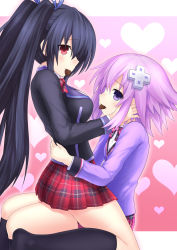 Rule 34 | 2girls, black hair, blazer, blush, bow, breasts, candy, chocolate, chocolate heart, commentary, d-pad, d-pad hair ornament, food, hair ornament, hand on another&#039;s face, heart, heart background, highres, hug, jacket, katade, large breasts, long hair, looking at viewer, looking to the side, mouth hold, multiple girls, neptune (neptunia), neptune (series), no shoes, noire (neptunia), pink background, purple eyes, purple hair, red eyes, school uniform, short hair, simple background, sitting, sitting on lap, sitting on person, skirt, socks, thighs, twintails, very long hair, yuri