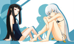 Rule 34 | 00s, 2girls, ar tonelico, ar tonelico i, ar tonelico ii, bad id, bad pixiv id, barefoot, bikini, black hair, black one-piece swimsuit, blue eyes, blush, braid, gust, hugging own legs, jakuri (ar tonelico), knees to chest, long hair, multiple girls, one-piece swimsuit, pen (pen3), red eyes, school swimsuit, shurelia (ar tonelico), sitting, swimsuit, twin braids, white hair