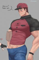 Rule 34 | 2boys, artist name, bara, biceps, blue eyes, blush, box, brown hair, clothes pull, courier (pokemon), creatures (company), denim, english text, feet out of frame, game freak, grey background, hat, highres, jeans, khano, large pectorals, looking to the side, male focus, manly, mature male, multiple boys, muscular, muscular male, navel, navel hair, nintendo, pants, pants pull, pectorals, pokemon, pokemon sv, shirt, short hair, simple background, speech bubble, thick arms, thick eyebrows, tight clothes, twitter username, watch