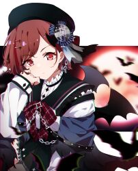 Rule 34 | 1girl, bat (animal), bat wings, beret, black hat, blurry, blurry background, brown hair, collar, commentary request, frilled collar, frills, full moon, hair ornament, hairclip, hat, highres, higuchi madoka, idolmaster, idolmaster shiny colors, long sleeves, mole, mole under eye, moon, red eyes, reikakrzk, sailor collar, short hair, solo, swept bangs, wings