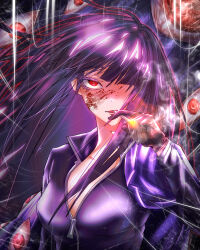 Rule 34 | 1girl, backsusang, black gloves, breasts, cape, cigarette, e.g.o (project moon), gloves, highres, holding, holding cigarette, jacket, limbus company, long hair, medium breasts, parted lips, project moon, purple cape, purple hair, purple jacket, red eyes, ryoshu (project moon), silk, smoke, smoking, solo, spider bud, spider web, upper body, very long hair