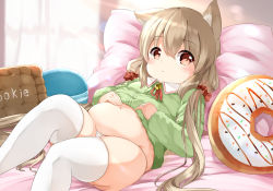 Rule 34 | 1girl, animal ear fluff, animal ears, bell, belly, blush, brown hair, cat ears, child, closed mouth, clothes lift, collared shirt, commentary request, feet out of frame, green shirt, hair between eyes, hair ornament, hair scrunchie, highres, jingle bell, long hair, low twintails, lying, neck bell, neck ribbon, on back, original, panties, pillow, plump, red eyes, red ribbon, red scrunchie, ribbon, scrunchie, shirt, shirt lift, skindentation, solo, sora (silent square), thighhighs, twintails, underwear, very long hair, white panties, white thighhighs