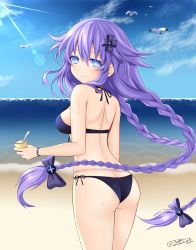 Rule 34 | 1girl, absurdres, ass, back, back muscles, bare shoulders, beach, blue eyes, bracelet, braid, breasts, butt crack, food, hair ornament, hairclip, highres, jewelry, long hair, medium breasts, neptune (neptunia), neptune (series), ocean, pudding, purple hair, purple heart (neptunia), ribbon, seagulls, solo, spoon, swimsuit, thighs, water