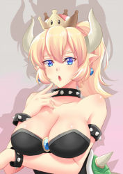 Rule 34 | 1girl, bare shoulders, black dress, blonde hair, blue eyes, bowsette, bracelet, breasts, cleavage, collar, collarbone, commentary, dress, earrings, fang, gradient background, grey background, hair between eyes, head tilt, jewelry, large breasts, long hair, mario (series), new super mario bros. u deluxe, nintendo, parted lips, pink background, pointy ears, ponytail, shadow, solo, spiked bracelet, spiked collar, spiked shell, spikes, strapless, strapless dress, super crown, turtle shell, villyane