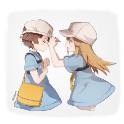 Rule 34 | 10s, 2girls, :o, adjusting another&#039;s clothes, bag, blue shirt, blush, captain yue, character name, clothes writing, facing another, flat cap, gradient background, grey background, grey hat, hat, hataraku saibou, light brown hair, long hair, looking at another, multiple girls, open mouth, platelet (hataraku saibou), profile, shirt, short hair, short shorts, short sleeves, shorts, shoulder bag, twitter username, very long hair, white background, white shorts