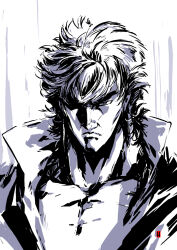 Rule 34 | 1boy, closed mouth, frown, greyscale, harymachinegun, hokuto no ken, jacket, kenshiro, monochrome, muscular, muscular male, simple background, solo, upper body, white background