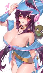 Rule 34 | 1girl, :d, areola slip, bare legs, bare shoulders, blue headwear, blue leotard, blush, blush stickers, breasts, cleavage, collarbone, cosplay, damda, dark magician girl (cosplay), detached sleeves, duel monster, fate/grand order, fate (series), hair between eyes, hair intakes, happy, hat, heart, holding, holding clothes, holding hat, jewelry, kuriboh, large breasts, legs, leotard, long hair, looking at viewer, neck ring, necklace, open mouth, pentacle, purple hair, red eyes, scathach (fate), simple background, smile, staff, thighs, very long hair, white background, wizard hat, yu-gi-oh!, yu-gi-oh! duel monsters