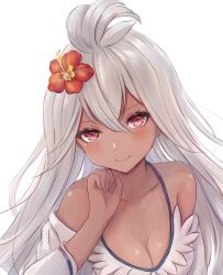 Rule 34 | 1girl, bare shoulders, bikini, blush, breasts, cleavage, closed mouth, collarbone, dark-skinned female, dark skin, flower, from above, granblue fantasy, hair between eyes, hand up, hibiscus, leonmandala, long sleeves, looking at viewer, looking up, medium breasts, off shoulder, red eyes, red flower, silver hair, smile, solo, swimsuit, upper body, white bikini, zooey (granblue fantasy), zooey (summer) (granblue fantasy)