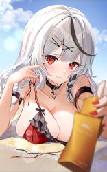 Rule 34 | 1girl, bare shoulders, beach, bikini, blurry, blurry foreground, breast rest, breasts, choker, cleavage, closed mouth, collarbone, frilled bikini, frills, grey hair, hair between eyes, heart, heart choker, highres, hololive, jura, large breasts, light blush, long hair, looking at viewer, lotion, lying, multicolored hair, nail polish, on stomach, plaid, plaid bikini, pointing, pointing at self, red eyes, red nails, sakamata chloe, skindentation, sky, smile, solo, streaked hair, sunscreen, swimsuit, untied bikini, upper body, virtual youtuber