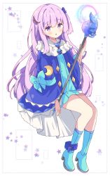Rule 34 | 1girl, :d, absurdres, blue dress, blue footwear, blue jacket, blush, boots, commentary, dotted line, dress, full body, hair between eyes, highres, holding, holding staff, jacket, long hair, long sleeves, looking at viewer, open mouth, orb, original, pink hair, purple eyes, sitting, smile, socks, solo, staff, star (symbol), starry background, symbol-only commentary, tsukiyo (skymint), very long hair, white background, wide sleeves