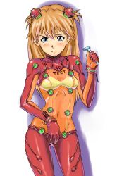 Rule 34 | 00s, 1girl, bad id, bad pixiv id, blue eyes, blush, bodysuit, bra, bracer, breasts, cleavage, clothes writing, contrapposto, covered navel, covering crotch, covering privates, cowboy shot, english text, evangelion: 2.0 you can (not) advance, frown, gloves, groin, hair ornament, hairclip, hairpods, highres, holding, holding razor, interface headset, kaimu (pixiv), kaimuu (fahrenheit724), long hair, looking down, midriff, multicolored clothes, neon genesis evangelion, no panties, orange hair, pilot suit, plugsuit, razor, rebuild of evangelion, red hair, see-through, see-through cleavage, shadow, simple background, small breasts, solo, souryuu asuka langley, standing, test plugsuit, turtleneck, two side up, underwear, white background