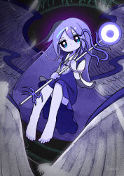 Rule 34 | 1girl, angel, barefoot, blue dress, blue eyes, blue hair, blue theme, dotaku (wran8845), dress, closed eyes, feathers, film grain, highly responsive to prayers, holding, holding staff, knees up, long hair, looking at viewer, magic circle, multiple wings, sariel (touhou), short sleeves, signature, solo, staff, t t, touhou, touhou (pc-98), very long hair, wings, yume kawaii
