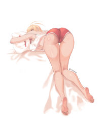Rule 34 | 1girl, absurdres, artist name, ass, blonde hair, blush, breasts, camisole, crop top, feet, highres, long hair, mole, mole on breast, original, pillow, red eyes, short shorts, shorts, soles, toes, underboob, upshirt