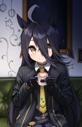Rule 34 | 1girl, animal ears, black gloves, black hair, black jacket, black shirt, closed mouth, coffee, coffee mug, couch, cup, earrings, eyes visible through hair, gloves, highres, holding, holding cup, horse ears, horse girl, jacket, jewelry, kuronosu (yamada1230), long hair, long sleeves, looking at viewer, manhattan cafe (umamusume), mug, multicolored hair, necktie, on couch, shirt, single earring, sitting, smile, solo, streaked hair, umamusume, very long hair, yellow eyes, yellow necktie