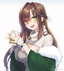 Rule 34 | 1girl, :d, blush, braid, breasts, brown hair, cleavage, cleavage cutout, clock, clothing cutout, coat, commentary request, cup, disposable cup, earrings, eyes visible through hair, fur-trimmed coat, fur trim, green coat, green eyes, green nails, hair intakes, highres, holding, holding cup, jewelry, large breasts, long hair, long sleeves, looking at viewer, maven, mole, mole on breast, mole under eye, nail polish, noixen, off shoulder, open clothes, open coat, open mouth, original, ribbed sweater, round teeth, signature, simple background, sleeves past wrists, smile, solo, sweater, teeth, turtleneck, turtleneck sweater, upper body, upper teeth only, watch, white background, white sweater, wristwatch