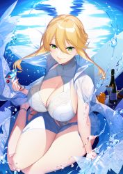 Rule 34 | 1girl, absurdres, arrow (tamawo222), artoria pendragon (all), artoria pendragon (fate), artoria pendragon (swimsuit ruler) (fate), artoria pendragon (swimsuit ruler) (second ascension) (fate), blonde hair, blush, bottle, bow, breasts, cape, cleavage, cleavage cutout, clothing cutout, cocktail glass, cup, drinking glass, fate/grand order, fate (series), green eyes, hair bow, highres, large breasts, long hair, looking at viewer, one-piece swimsuit, sidelocks, smile, solo, swept bangs, swimsuit, thighs, water, white one-piece swimsuit, wine bottle