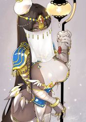 Rule 34 | 1girl, bandaged arm, bandages, black hair, breasts, caster of the nocturnal castle, commentary request, dark-skinned female, dark skin, dated, eyes visible through hair, fate/grand order, fate (series), fishine, green eyes, highres, holding, holding staff, jewelry, large breasts, long hair, mouth veil, scheherazade (fate), see-through, sideboob, signature, simple background, solo, staff, standing, star (symbol), thighhighs, thighs, tiara, veil, very long hair, white thighhighs