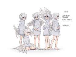 Rule 34 | 5boys, angel, angel wings, anklet, arms behind back, backless outfit, barefoot, between legs, black eyes, child, closed mouth, coat, commentary request, feathered wings, full body, grey coat, hand between legs, hands up, head wings, highres, jewelry, long hair, long sleeves, looking at viewer, looking to the side, low wings, male focus, multiple boys, original, own hands together, simple background, sitting, standing, translation request, wariza, white background, white hair, white wings, wings, zzb azz