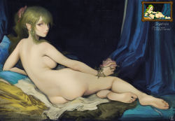 Rule 34 | 1girl, ass, barefoot, breasts, butt crack, commentary, completely nude, dryad, dryad (terraria), english commentary, feet, fine art parody, from behind, green hair, la grande odalisque, large breasts, legs, long hair, looking at viewer, lying, nat the lich, nude, on side, parody, pointy ears, purple eyes, reference inset, sideboob, sidelocks, soles, solo, terraria, toes