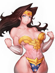Rule 34 | 1girl, abs, bare legs, bare shoulders, blue eyes, breasts, brown hair, circlet, cleavage, curvy, dc comics, female focus, fumio (rsqkr), hair intakes, large breasts, long hair, looking at viewer, muscular, muscular female, navel, shiny skin, simple background, smile, solo, thick thighs, thighs, white background, wide hips, wonder woman, wonder woman (series)