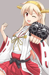 Rule 34 | 1girl, :d, ;d, aiming, aiming at viewer, bare shoulders, blonde hair, cosplay, dazzle paint, detached sleeves, fuuma nagi, grey background, hair flaps, hair ornament, hairband, hairclip, haruna (kancolle), haruna (kancolle) (cosplay), headgear, japanese clothes, kantai collection, long hair, looking at viewer, nontraditional miko, one eye closed, open mouth, pleated skirt, red eyes, red skirt, ribbon-trimmed sleeves, ribbon trim, simple background, skirt, smile, solo, yuudachi (kancolle)