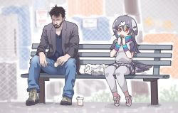 Rule 34 | 10s, 1boy, 1girl, bag, bench, blue scarf, commentary, cup, disposable cup, eating, english commentary, gradient scarf, grey hair, grey pantyhose, grey skirt, grey vest, hair between eyes, head wings, keanu reeves, kemono friends, long hair, meme, miniskirt, multicolored clothes, multicolored scarf, on bench, orange eyes, outdoors, pantyhose, pink footwear, plastic bag, pleated skirt, purple scarf, real life, rock pigeon (kemono friends), scarf, short sleeves, sitting, skirt, tanaka kusao, vest, wings, wire fence, wristband