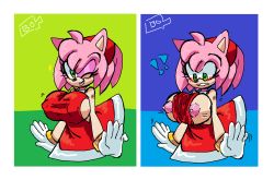 Rule 34 | !, !!, 1girl, amy rose, bottledoranges, breasts, female focus, large breasts, no bra, sega, sideboob, solo, sonic (series), sonic (series), standing, tongue, tongue out, wardrobe malfunction