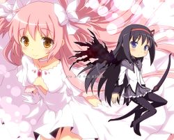 Rule 34 | 10s, 2girls, akemi homura, black hair, bow, bow (weapon), chibi, dress, english text, gloves, hair bow, hair ribbon, kaname madoka, kyubey, long hair, magical girl, mahou shoujo madoka magica, mahou shoujo madoka magica (anime), multiple girls, pantyhose, pink hair, ribbon, smile, spoilers, twintails, two side up, ultimate madoka, weapon, when you see it, wings, yamasan, yellow eyes