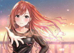 Rule 34 | 1girl, arisugawa natsuha, black eyes, blush, breasts, brown hair, cleavage, collarbone, earrings, highres, idolmaster, idolmaster shiny colors, jewelry, long hair, looking at viewer, medium breasts, outstretched hand, parted lips, revision, see-through, sky, smile, solo, star (sky), starry sky, sunset, upper body, yuzuyu (hyui)