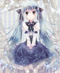 Rule 34 | 1girl, bad id, bad pixiv id, corset, dress, hair ribbon, hatsune miku, highres, kyoro (r y o c ovv), long hair, ribbon, sitting, solo, striped, striped background, twintails, very long hair, vocaloid