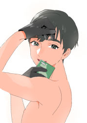 Rule 34 | 10s, 1boy, black hair, cellphone, dark skin, dark-skinned male, gloves, grey eyes, looking at viewer, male focus, nipples, open mouth, phichit chulanont, phone, topless male, simple background, smartphone, smile, solo, thick eyebrows, tmku, white background, yuri!!! on ice