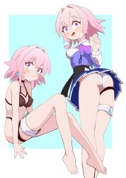 Rule 34 | 1girl, absurdres, ass, barefoot, black bra, blue eyes, blue jacket, blue skirt, blurry, blurry background, blush, bra, breasts, closed mouth, feet, formerly, highres, honkai: star rail, honkai (series), invisible chair, jacket, long sleeves, looking at viewer, looking back, march 7th (honkai: star rail), medium breasts, multicolored eyes, multiple views, open mouth, panties, pink hair, purple eyes, shirt, sitting, skirt, smile, thigh strap, two-tone background, underwear, white background, white panties, white shirt