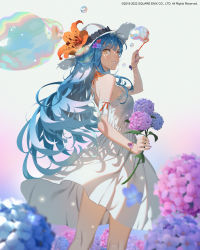 Rule 34 | 1girl, absurdres, bare shoulders, blowing bubbles, blue hair, dress, fingernails, flower, from behind, hat, hat flower, highres, holding, holding flower, hydrangea, kneepits, long hair, looking at viewer, looking back, nail polish, purple nails, rocbouquet (saga), romancing saga, romancing saga re;universe, saga, smile, soap bubbles, solo, standing, sun hat, sundress, very long hair, vofan, white dress, white hat, wristband, yellow eyes