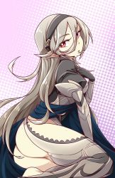 Rule 34 | 1girl, :o, abstract background, ass, black gloves, corrin (female) (fire emblem), corrin (fire emblem), dress, fire emblem, fire emblem fates, from behind, gloves, grey hair, grey thighhighs, hair between eyes, hair ornament, hairband, halftone, halftone background, hand on own chest, huge ass, juliet sleeves, long hair, long sleeves, looking at viewer, looking back, nintendo, no panties, open mouth, pointy ears, puffy sleeves, red eyes, simple background, sitting, solo, sweat, thighhighs, very long hair, yokozuwari