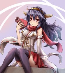 Rule 34 | 10s, 1girl, adapted costume, bare shoulders, black hair, black thighhighs, breasts, candy, chocolate, chocolate heart, detached sleeves, food, gift wrapping, hair ornament, haruna (kancolle), heart, kantai collection, long hair, long sleeves, looking at viewer, nontraditional miko, red eyes, scarf, sitting, smile, solo, sumapan, thighhighs, valentine, very long hair, wide sleeves, zettai ryouiki