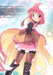 Rule 34 | 1girl, bano akira, belt, bike shorts, black footwear, black thighhighs, blush, bodystocking, boots, braid, cape, character name, cloak, copyright name, crop top, cross-laced footwear, gloves, hood, lace-up boots, long hair, magia record: mahou shoujo madoka magica gaiden, mahou shoujo madoka magica, miniskirt, navel, open mouth, own hands together, petals, pink eyes, pink hair, see-through, shorts, shorts under skirt, skirt, smile, solo, tamaki iroha, tears, thigh boots, thighhighs, twin braids, white cape, white cloak