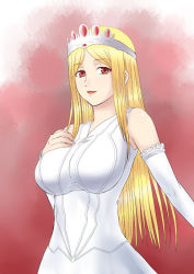 Rule 34 | 00s, 1girl, blonde hair, breasts, crown, detached sleeves, dress, female focus, gradient background, kaibutsu oujo, large breasts, long hair, red eyes, solo, soramoto, sylvia (kaibutsu oujo), white dress