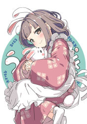 Rule 34 | 1girl, animal ears, apron, blush, brown eyes, chinese new year, chinese zodiac, circle, closed mouth, dot nose, frilled apron, frills, full body, furrowed brow, grey hair, hair intakes, hugging doll, hugging object, interlocked fingers, japanese clothes, kimono, kuresuku (lessons), long sleeves, looking at viewer, looking to the side, looking up, lying, medium hair, on side, original, patterned clothing, pink kimono, rabbit ears, rabbit tail, short eyebrows, sideways glance, smile, socks, solo, stuffed animal, stuffed rabbit, stuffed toy, tail, thick eyebrows, thick eyelashes, white apron, white background, white socks, wide sleeves, year of the rabbit