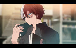 Rule 34 | 1boy, aqua eyes, bespectacled, blurry, blurry background, boku no hero academia, book, brown eyes, burn scar, closed eyes, collared shirt, commentary request, glasses, gugugunogu, hair between eyes, heterochromia, highres, holding, holding book, letterboxed, male focus, multicolored hair, partial commentary, red hair, scar, scar on face, shirt, short hair, solo, split-color hair, todoroki shouto, two-tone hair, upper body, white hair