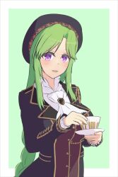 Rule 34 | 1girl, absurdres, ascot, assault lily, beret, black hat, black jacket, blush, border, braid, braided ponytail, breasts, cup, frilled sleeves, frills, green background, hands up, hat, highres, holding, holding cup, holding saucer, jacket, large breasts, long hair, long sleeves, looking at viewer, low ponytail, murakami tokiwa, outside border, parted bangs, parted lips, purple eyes, saucer, shirt, sidelocks, simple background, single braid, solo, teacup, ueharu, upper body, very long hair, white ascot, white border, white shirt